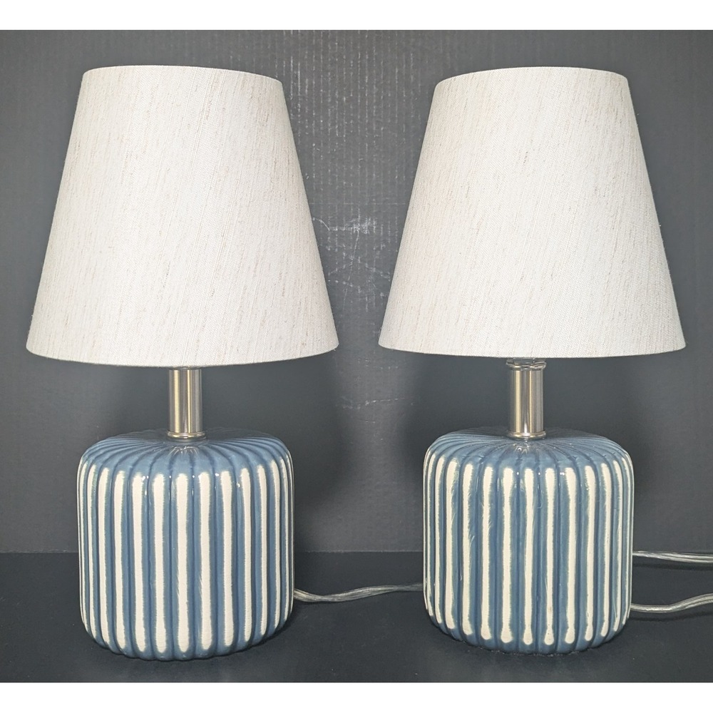 Blue and White Striped Glossy Ceramic Table Lamps Set of Two W/Linen Shades